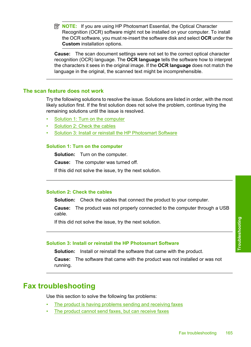 The scan feature does not work, Fax troubleshooting | HP Photosmart C4344 All-in-One Printer User Manual | Page 168 / 317