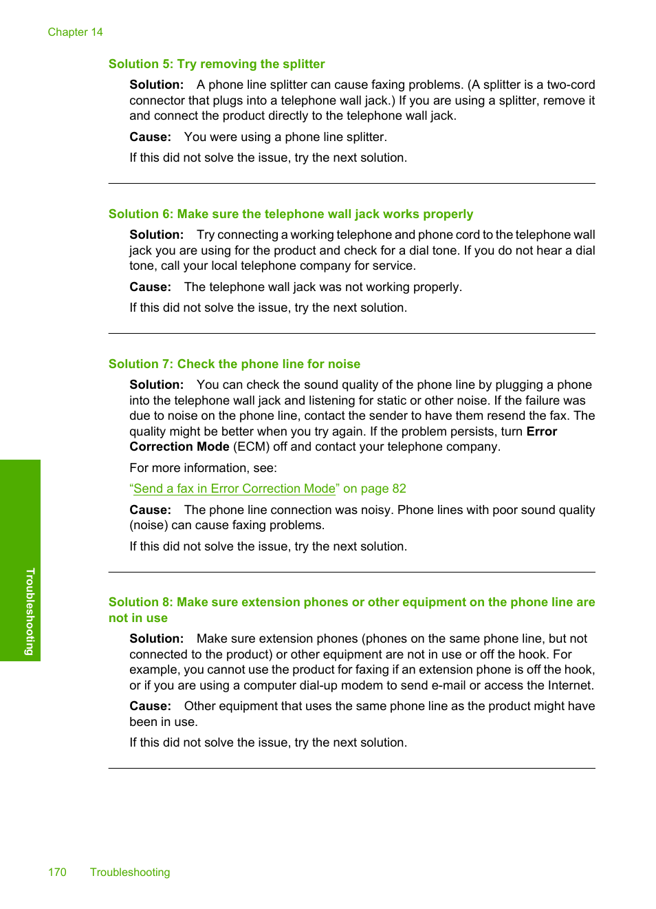 Solution 5: try removing the splitter, Solution 7: check the phone line for noise | HP Photosmart C4344 All-in-One Printer User Manual | Page 173 / 317