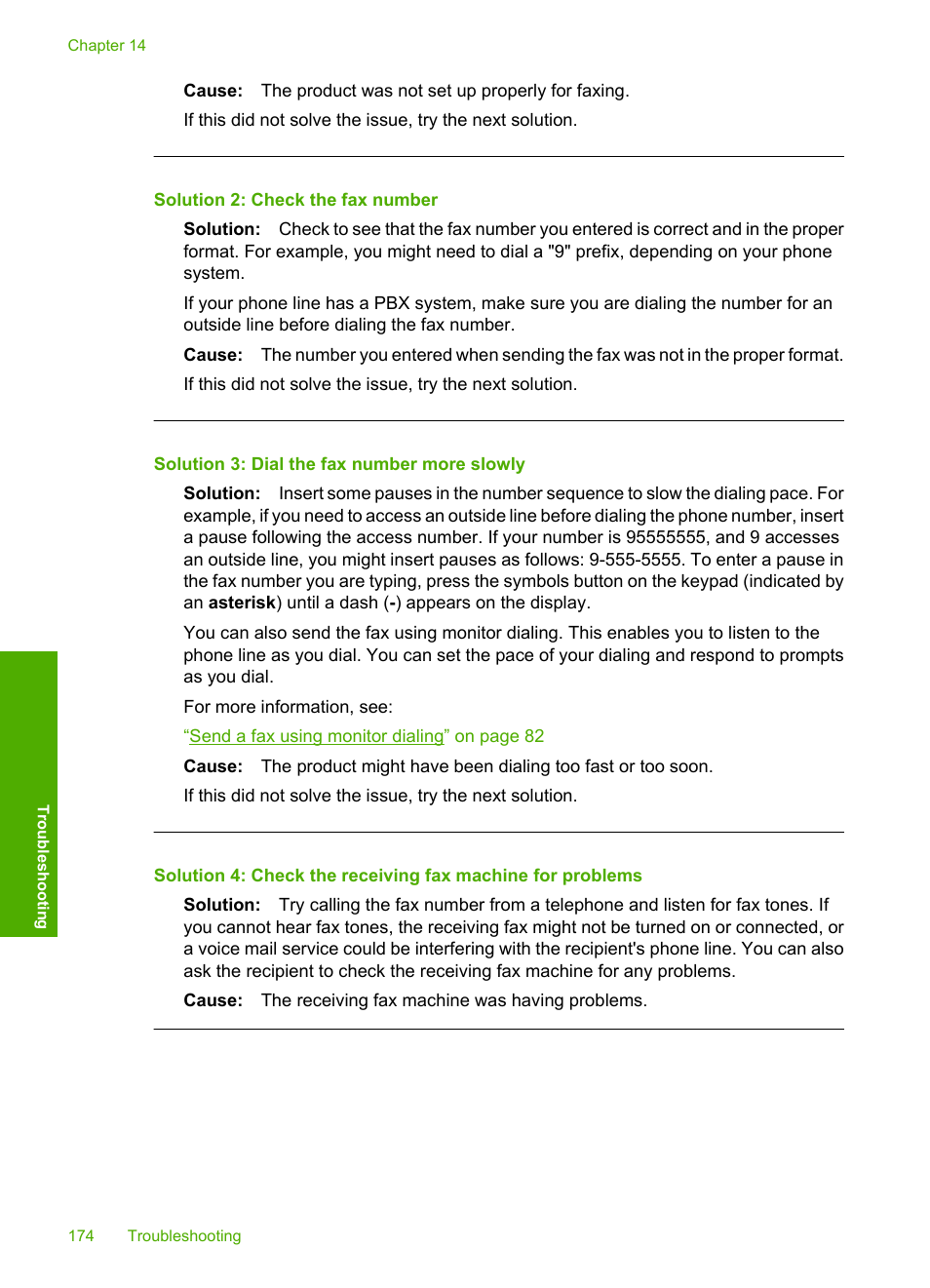 Solution 2: check the fax number, Solution 3: dial the fax number more slowly | HP Photosmart C4344 All-in-One Printer User Manual | Page 177 / 317