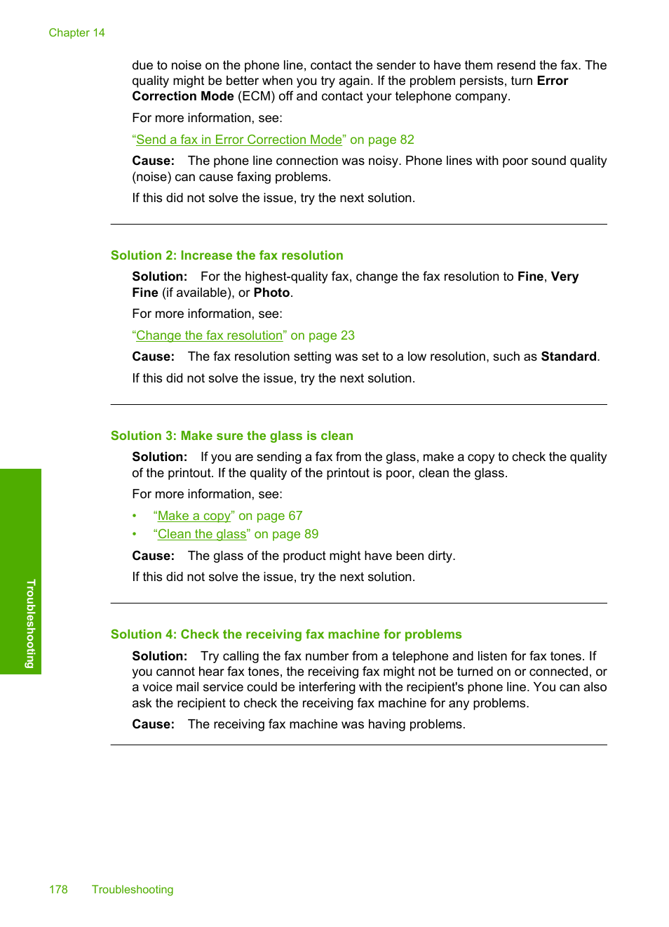 Solution 2: increase the fax resolution, Solution 3: make sure the glass is clean | HP Photosmart C4344 All-in-One Printer User Manual | Page 181 / 317