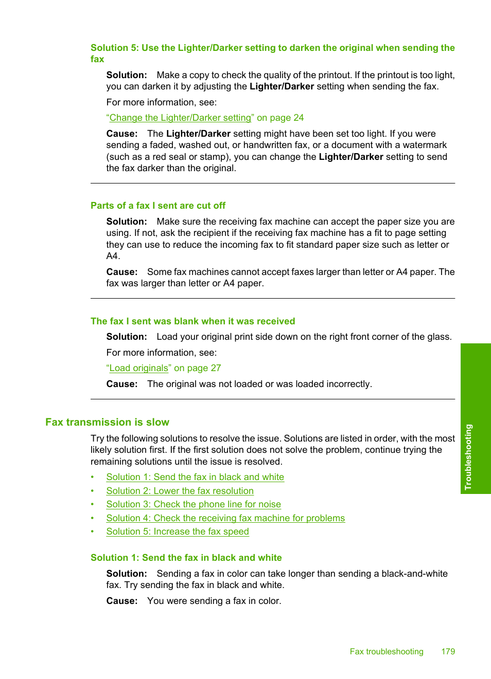 Fax transmission is slow, Parts of a fax i sent are cut off, The fax i sent was blank when it was received | HP Photosmart C4344 All-in-One Printer User Manual | Page 182 / 317