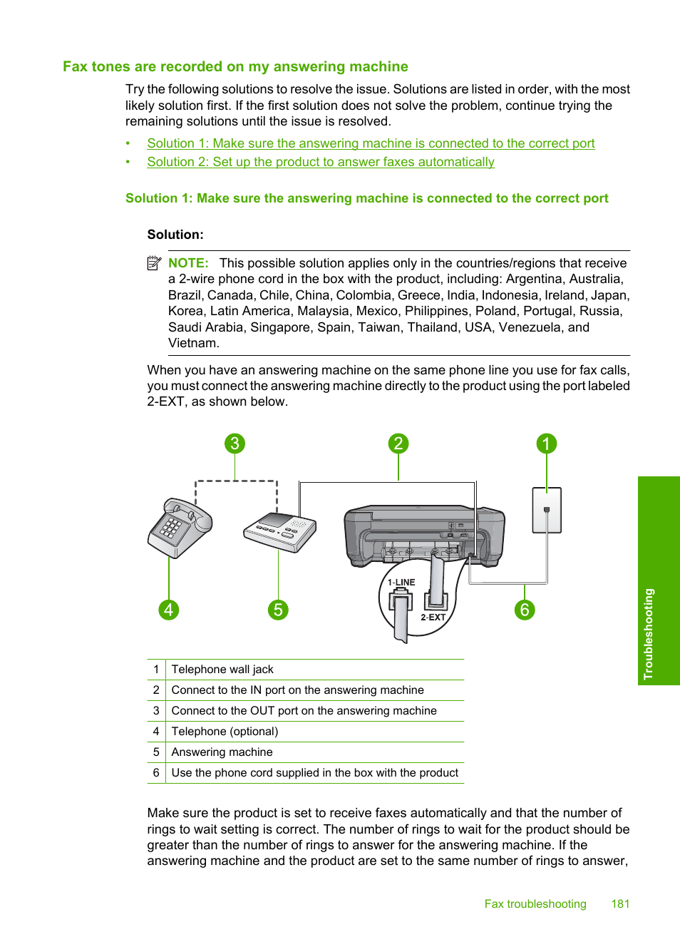 Fax tones are recorded on my answering machine | HP Photosmart C4344 All-in-One Printer User Manual | Page 184 / 317