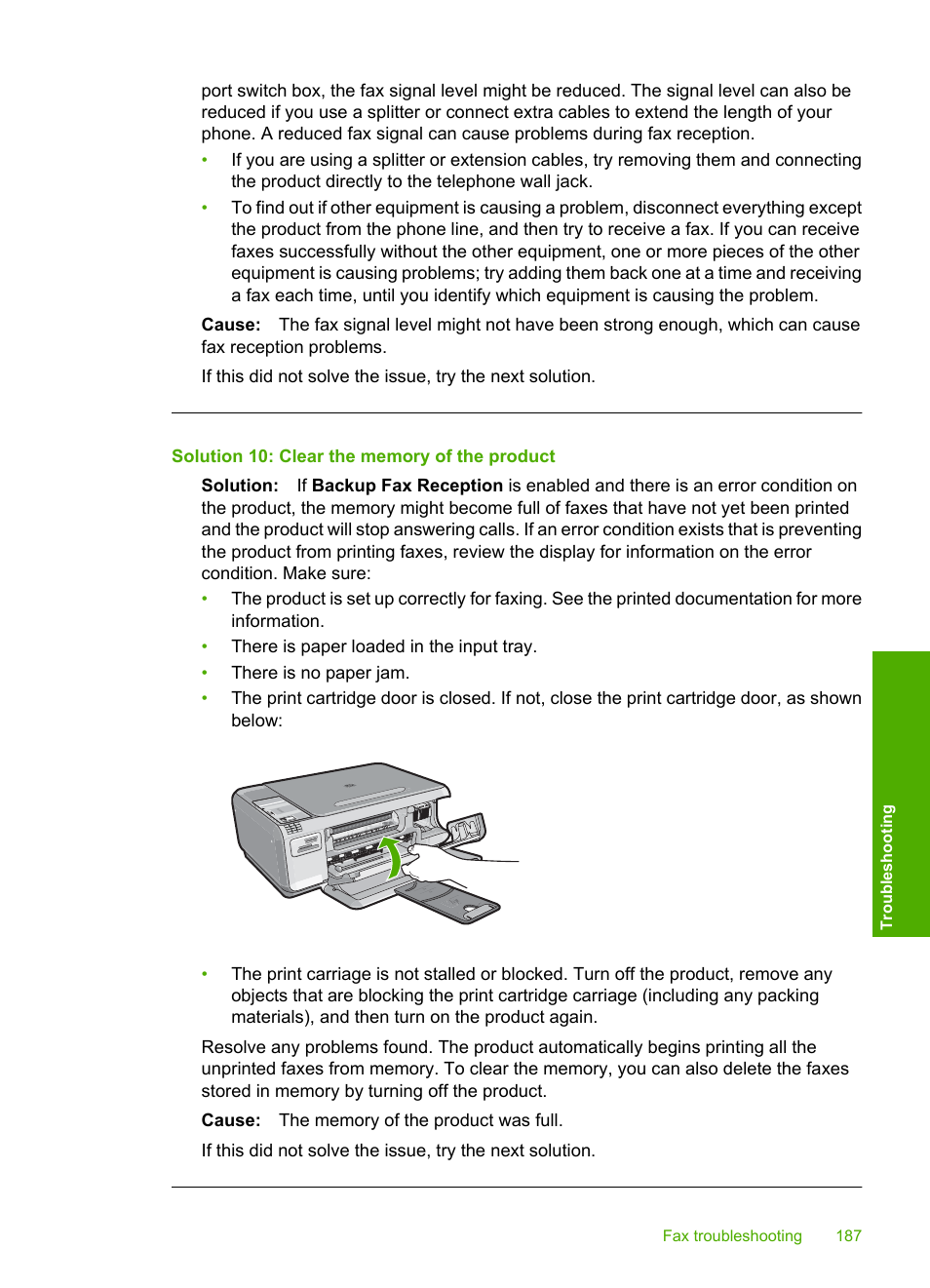 Solution 10: clear the memory of the product | HP Photosmart C4344 All-in-One Printer User Manual | Page 190 / 317