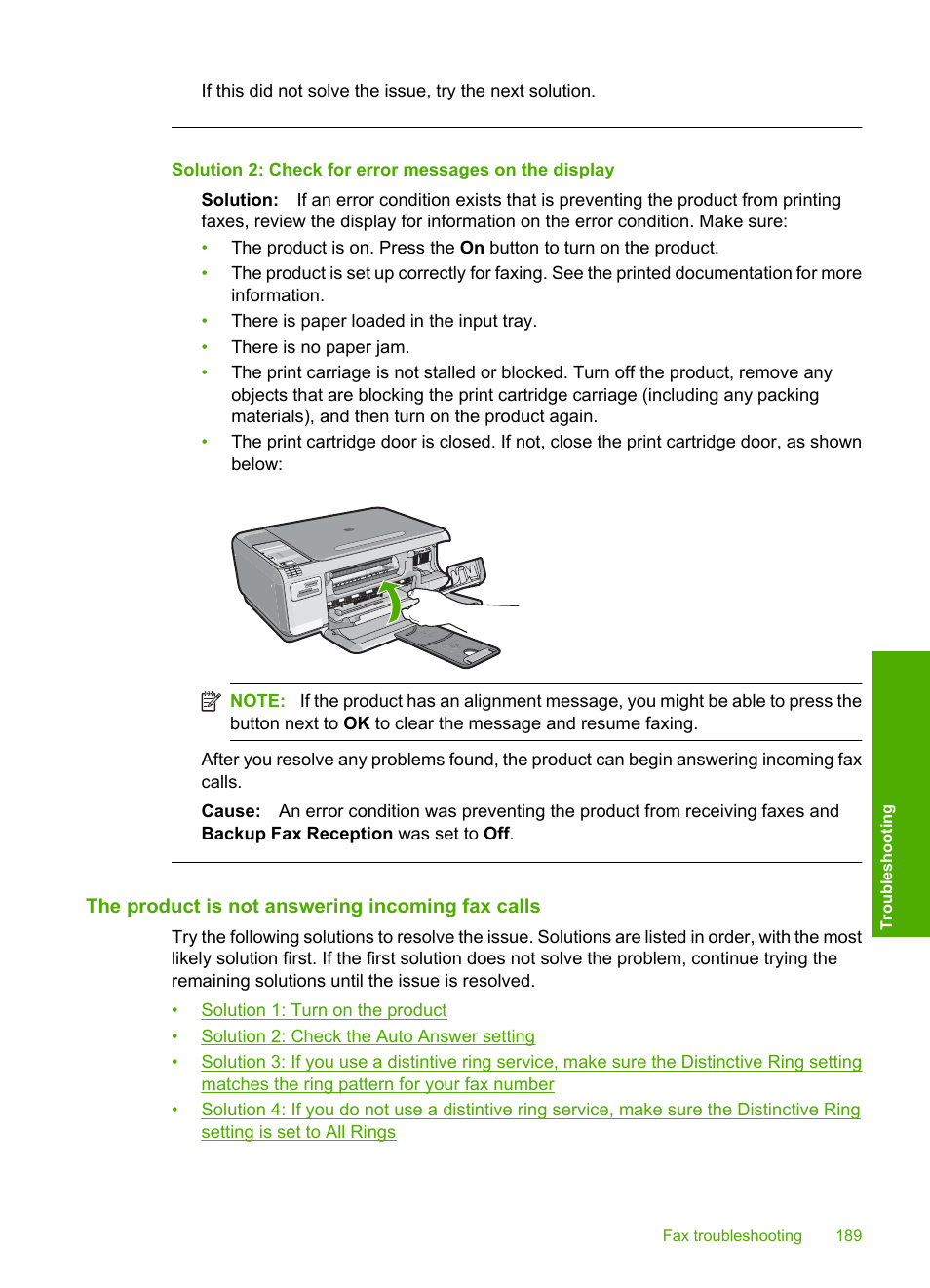 The product is not answering incoming fax calls | HP Photosmart C4344 All-in-One Printer User Manual | Page 192 / 317