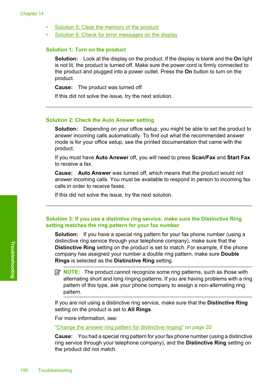 Solution 1: turn on the product, Solution 2: check the auto answer setting | HP Photosmart C4344 All-in-One Printer User Manual | Page 193 / 317