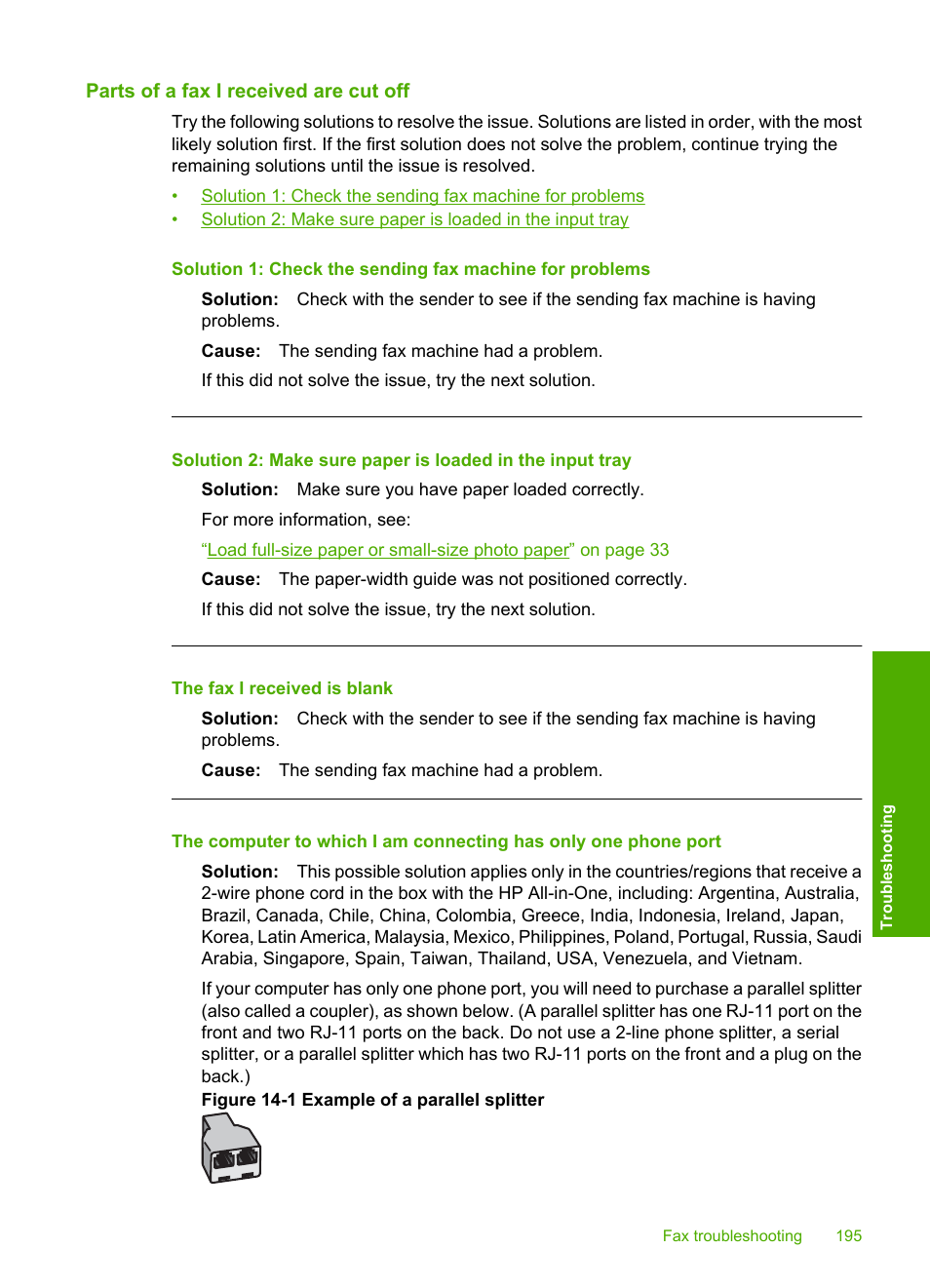 Parts of a fax i received are cut off, The fax i received is blank | HP Photosmart C4344 All-in-One Printer User Manual | Page 198 / 317