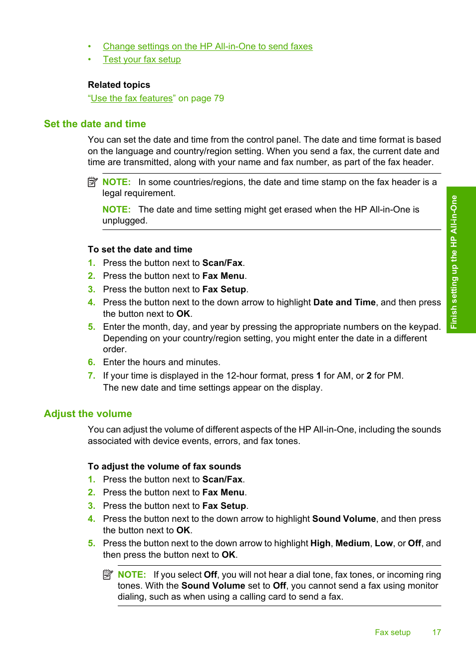 Set the date and time, Adjust the volume | HP Photosmart C4344 All-in-One Printer User Manual | Page 20 / 317