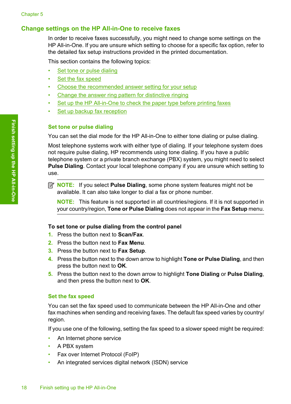 Set tone or pulse dialing, Set the fax speed | HP Photosmart C4344 All-in-One Printer User Manual | Page 21 / 317