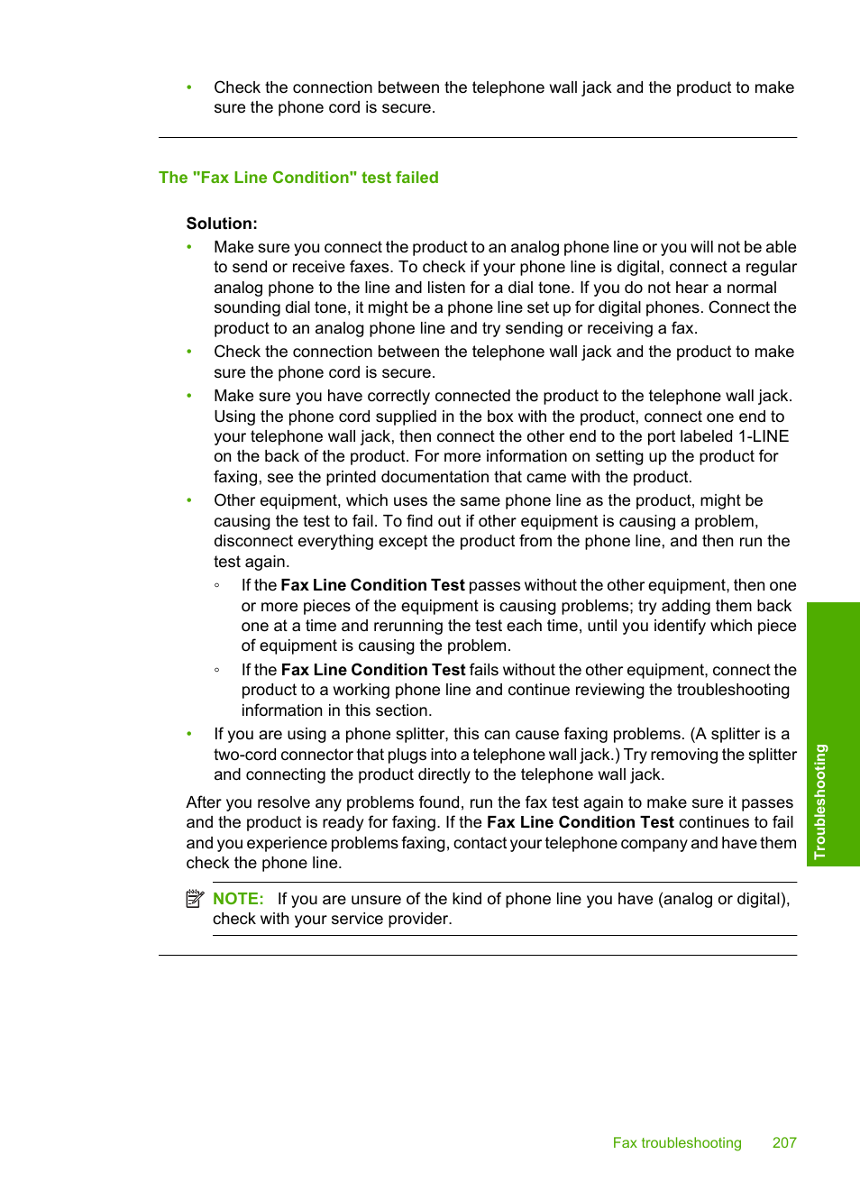 The "fax line condition" test failed | HP Photosmart C4344 All-in-One Printer User Manual | Page 210 / 317