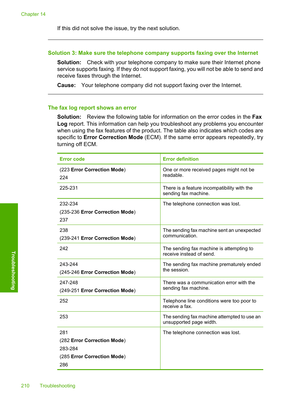 The fax log report shows an error | HP Photosmart C4344 All-in-One Printer User Manual | Page 213 / 317