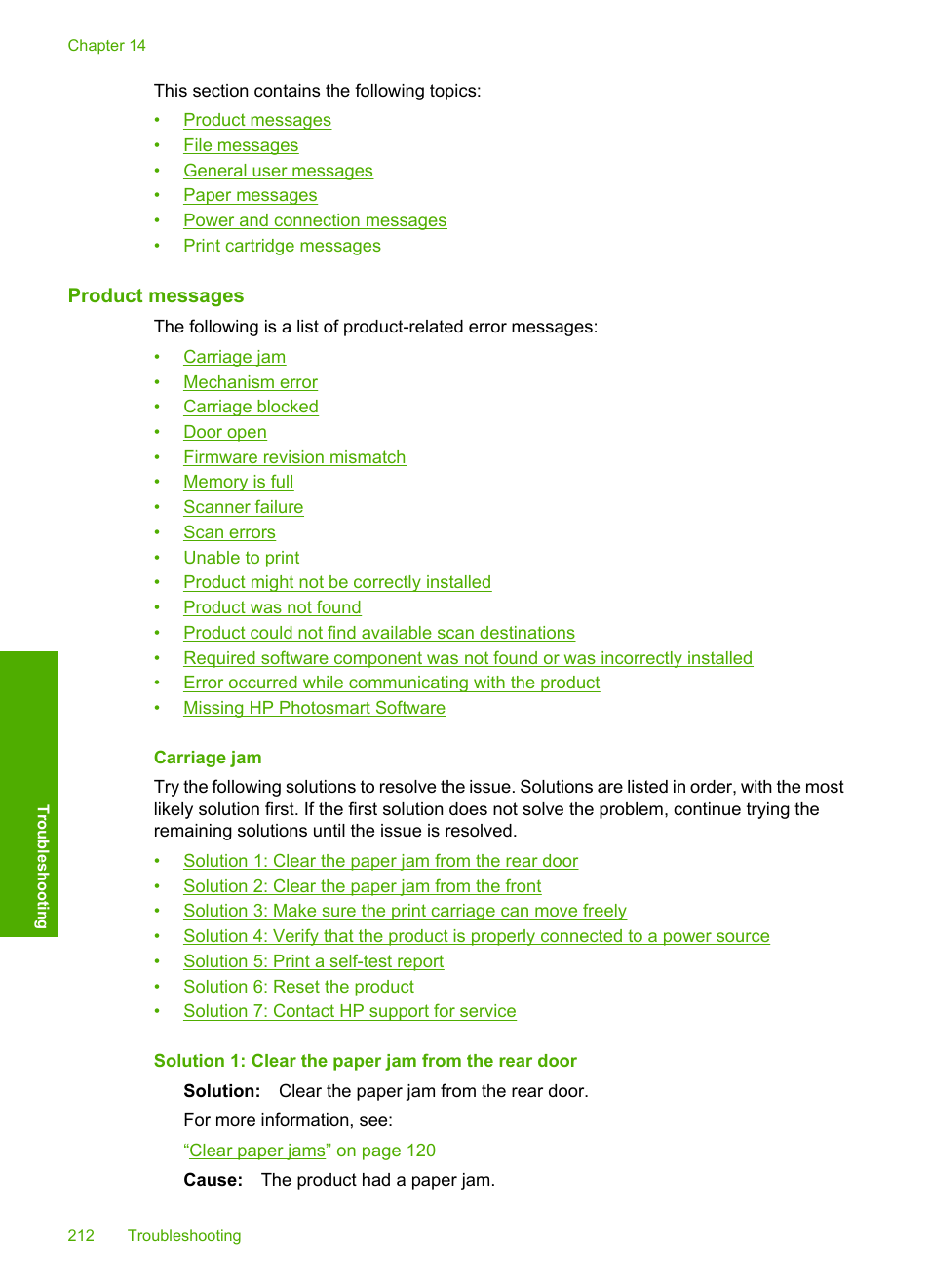 Product messages, Carriage jam | HP Photosmart C4344 All-in-One Printer User Manual | Page 215 / 317