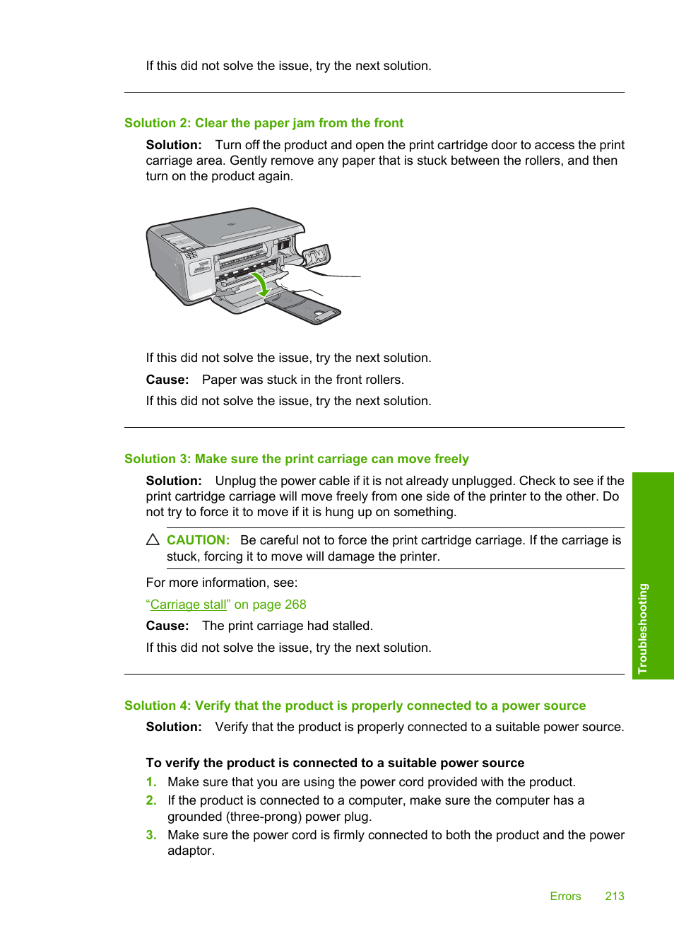 Solution 2: clear the paper jam from the front | HP Photosmart C4344 All-in-One Printer User Manual | Page 216 / 317