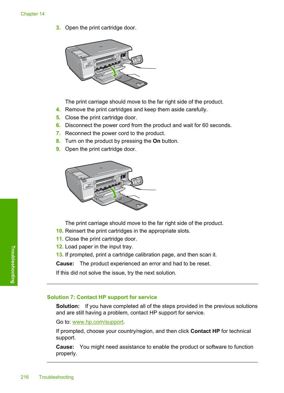 Solution 7: contact hp support for service | HP Photosmart C4344 All-in-One Printer User Manual | Page 219 / 317