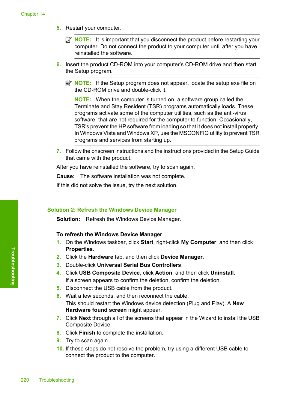 Solution 2: refresh the windows device manager | HP Photosmart C4344 All-in-One Printer User Manual | Page 223 / 317