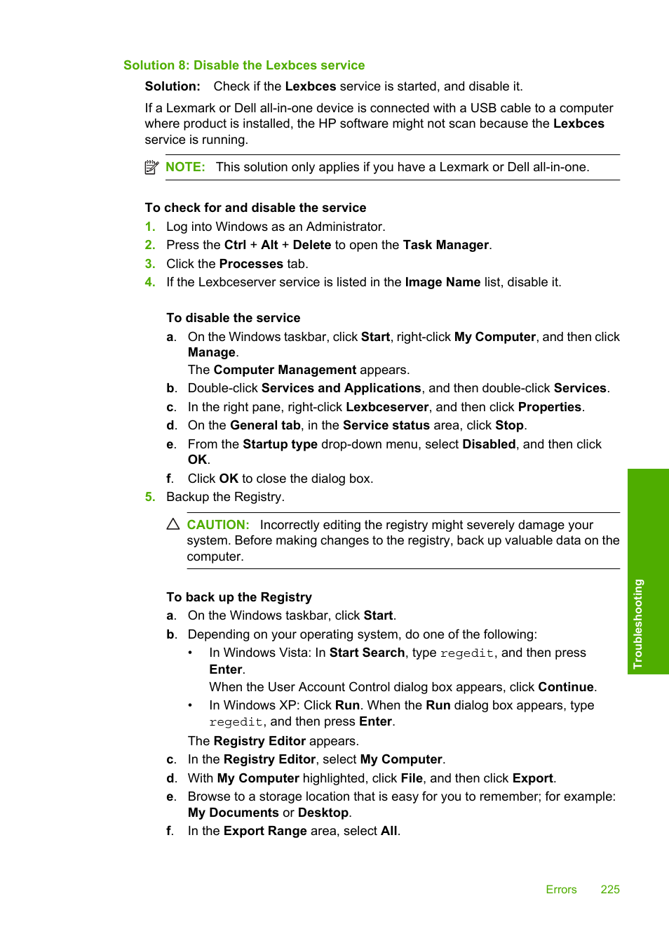 Solution 8: disable the lexbces service | HP Photosmart C4344 All-in-One Printer User Manual | Page 228 / 317