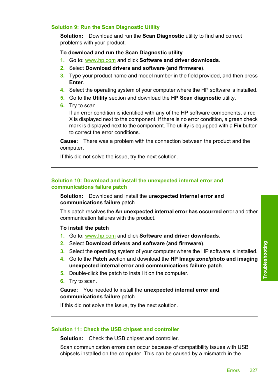 Solution 9: run the scan diagnostic utility, Solution 11: check the usb chipset and controller | HP Photosmart C4344 All-in-One Printer User Manual | Page 230 / 317