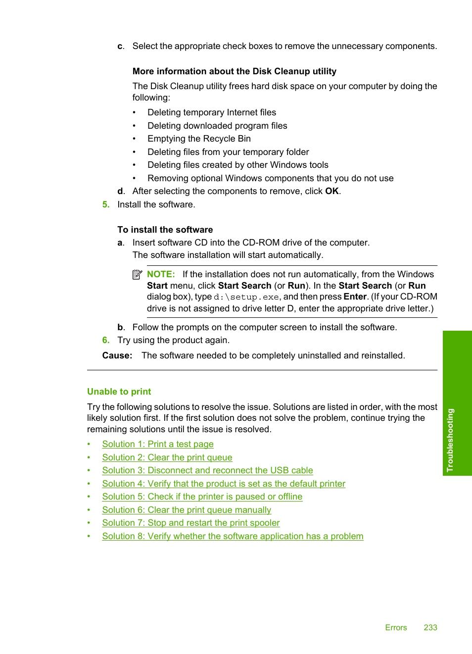 Unable to print | HP Photosmart C4344 All-in-One Printer User Manual | Page 236 / 317