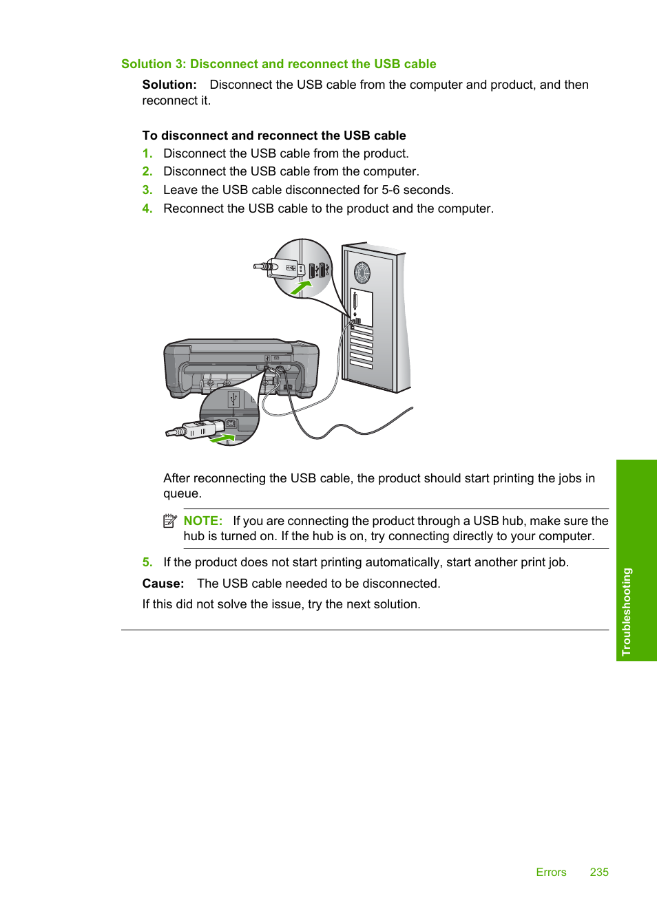 Solution 3: disconnect and reconnect the usb cable | HP Photosmart C4344 All-in-One Printer User Manual | Page 238 / 317