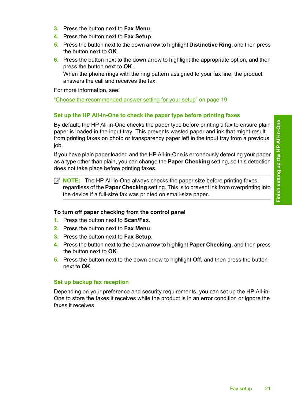 Set up backup fax reception | HP Photosmart C4344 All-in-One Printer User Manual | Page 24 / 317