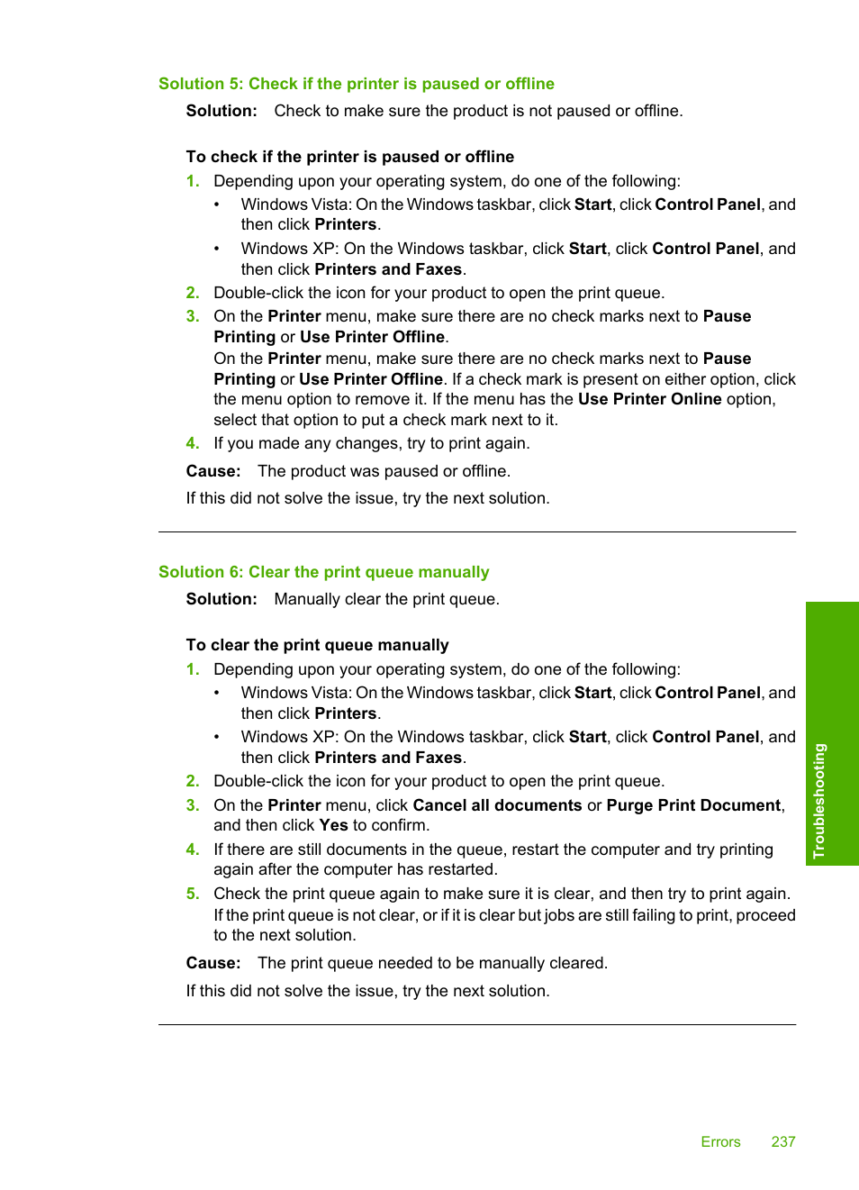 Solution 6: clear the print queue manually | HP Photosmart C4344 All-in-One Printer User Manual | Page 240 / 317