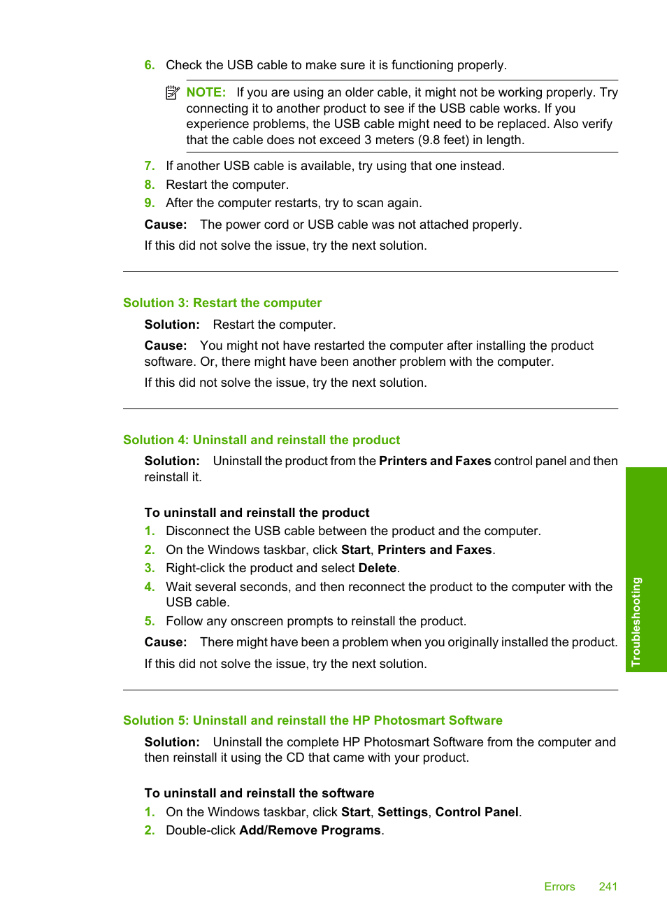 Solution 3: restart the computer, Solution 4: uninstall and reinstall the product | HP Photosmart C4344 All-in-One Printer User Manual | Page 244 / 317
