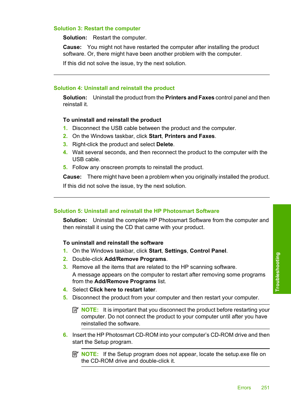 Solution 3: restart the computer, Solution 4: uninstall and reinstall the product | HP Photosmart C4344 All-in-One Printer User Manual | Page 254 / 317