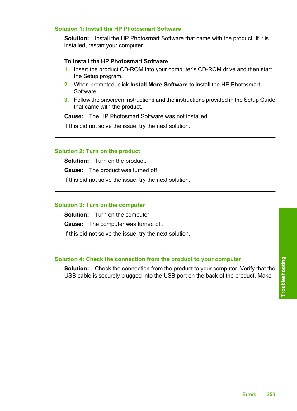 Solution 1: install the hp photosmart software, Solution 2: turn on the product, Solution 3: turn on the computer | HP Photosmart C4344 All-in-One Printer User Manual | Page 256 / 317