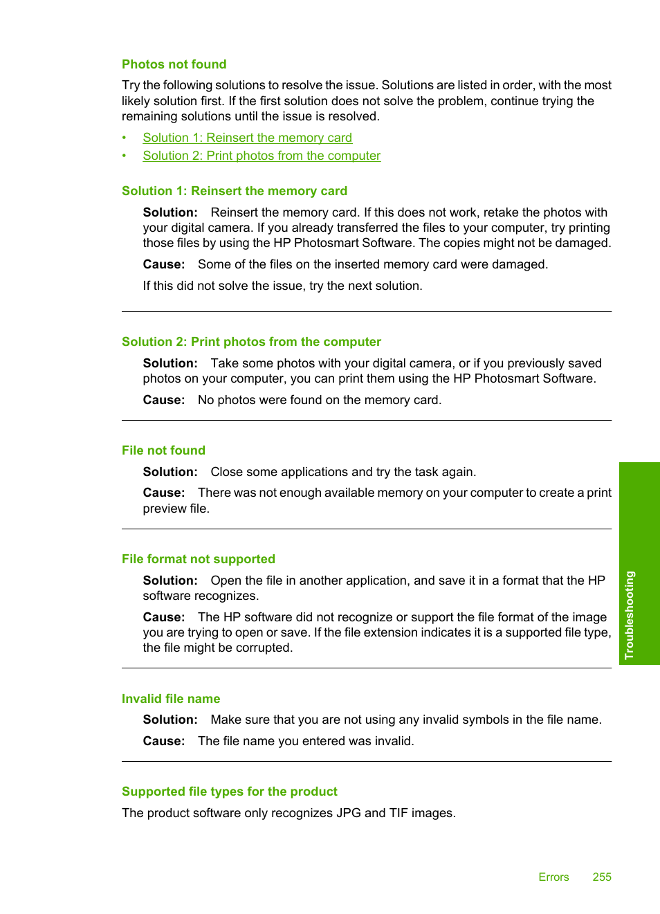 Photos not found, Supported file types for the product, File not found | File format not supported, Invalid file name | HP Photosmart C4344 All-in-One Printer User Manual | Page 258 / 317