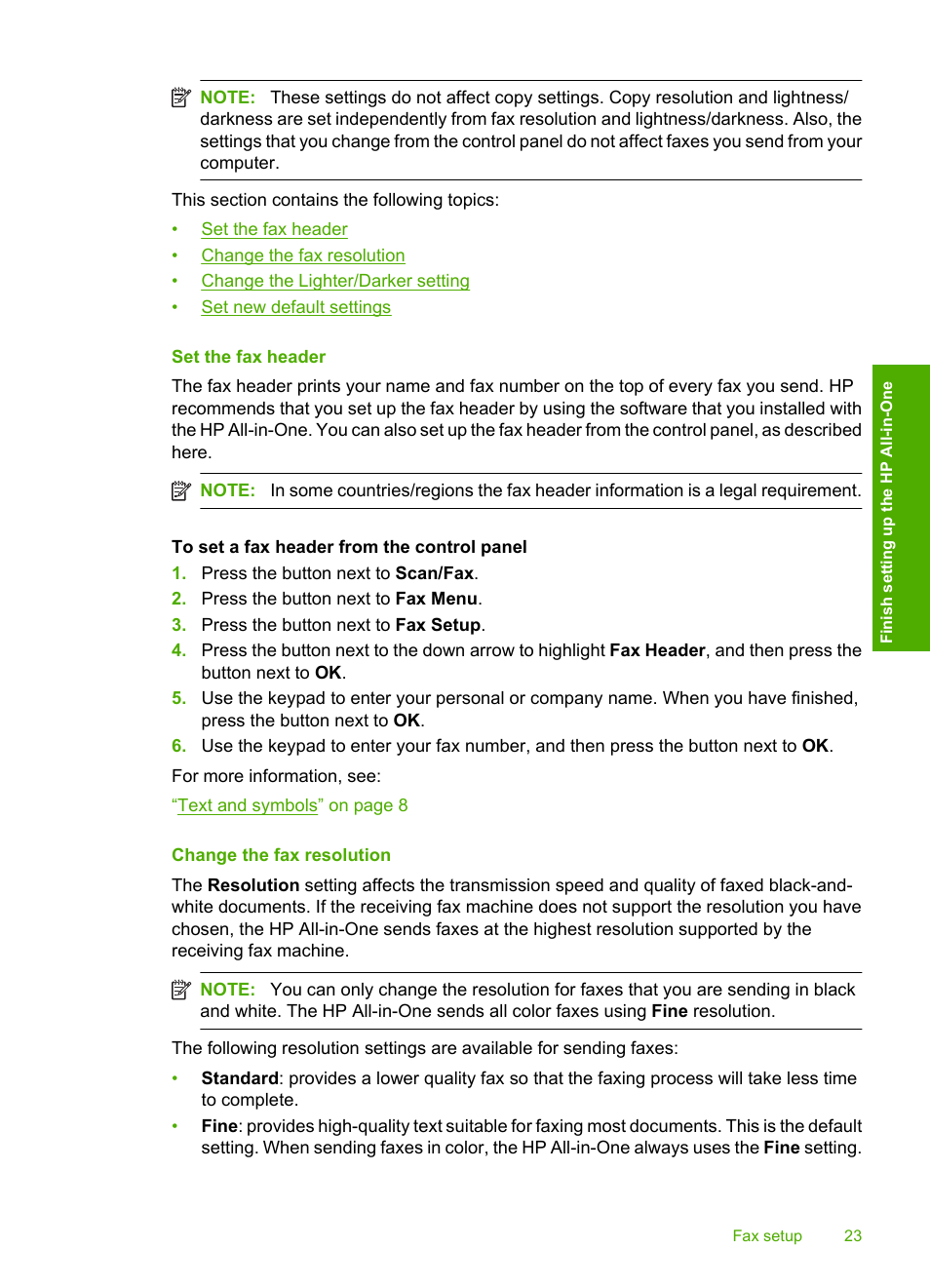 Set the fax header, Change the fax resolution | HP Photosmart C4344 All-in-One Printer User Manual | Page 26 / 317