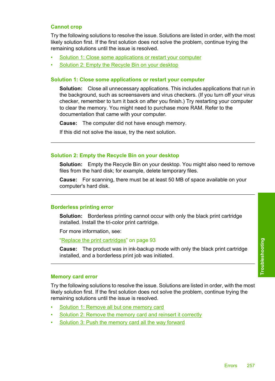 Cannot crop, Memory card error, Borderless printing error | HP Photosmart C4344 All-in-One Printer User Manual | Page 260 / 317