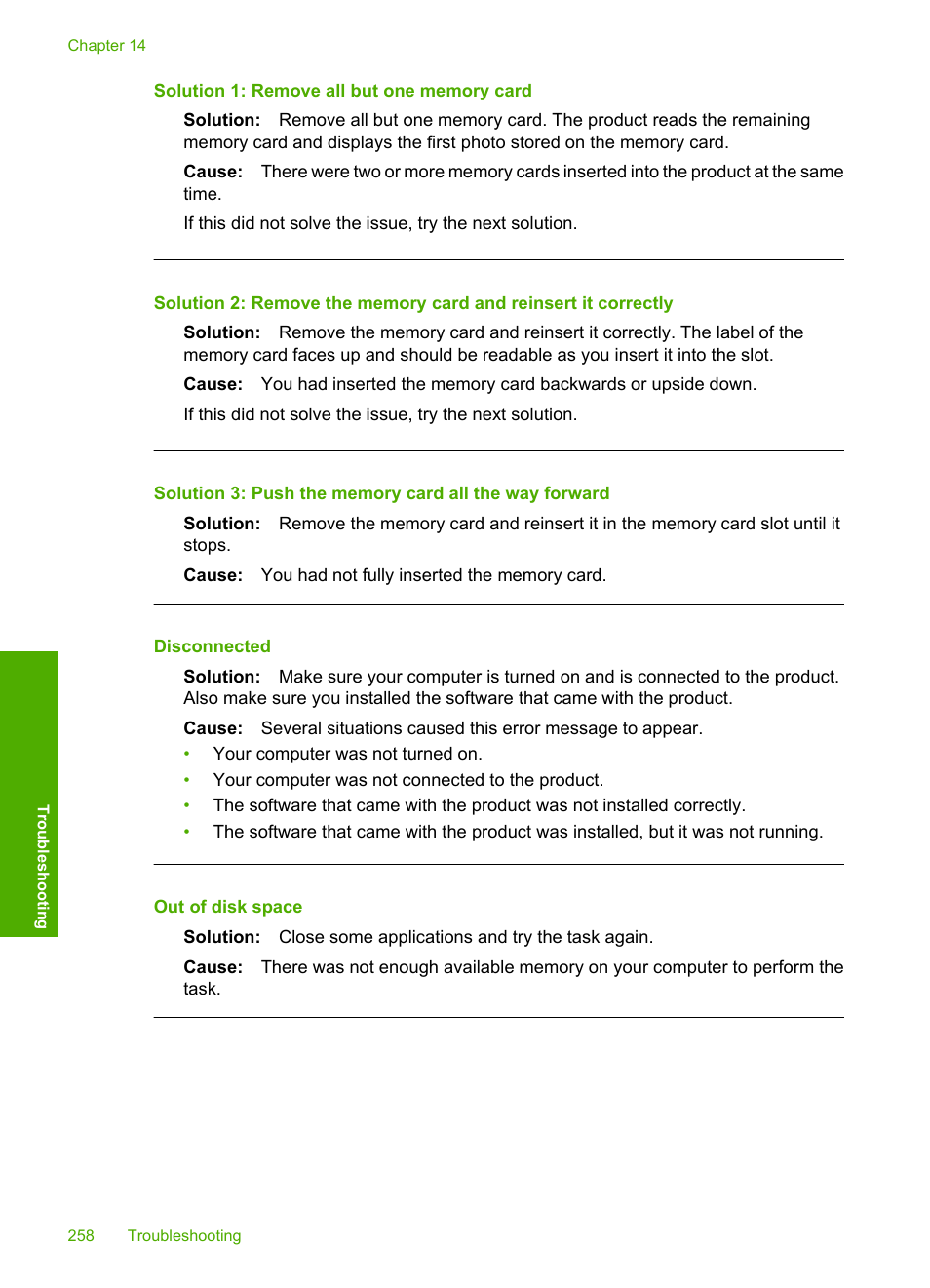 Disconnected, Out of disk space, Solution 1: remove all but one memory card | HP Photosmart C4344 All-in-One Printer User Manual | Page 261 / 317