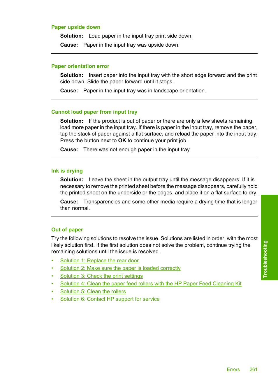 Out of paper, Paper upside down, Paper orientation error | Cannot load paper from input tray, Ink is drying | HP Photosmart C4344 All-in-One Printer User Manual | Page 264 / 317