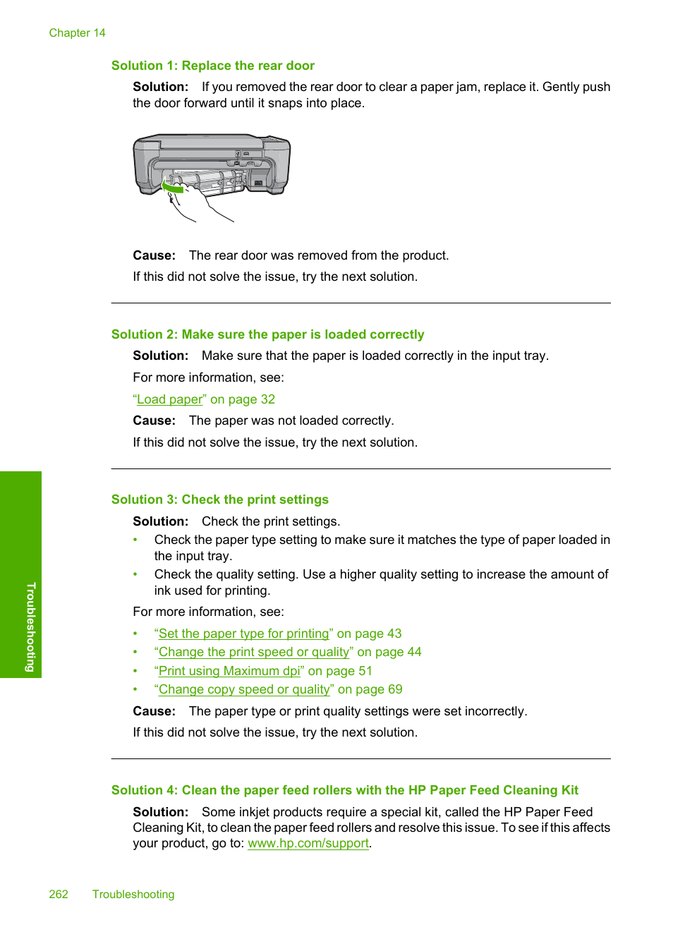 Solution 1: replace the rear door, Solution 3: check the print settings | HP Photosmart C4344 All-in-One Printer User Manual | Page 265 / 317