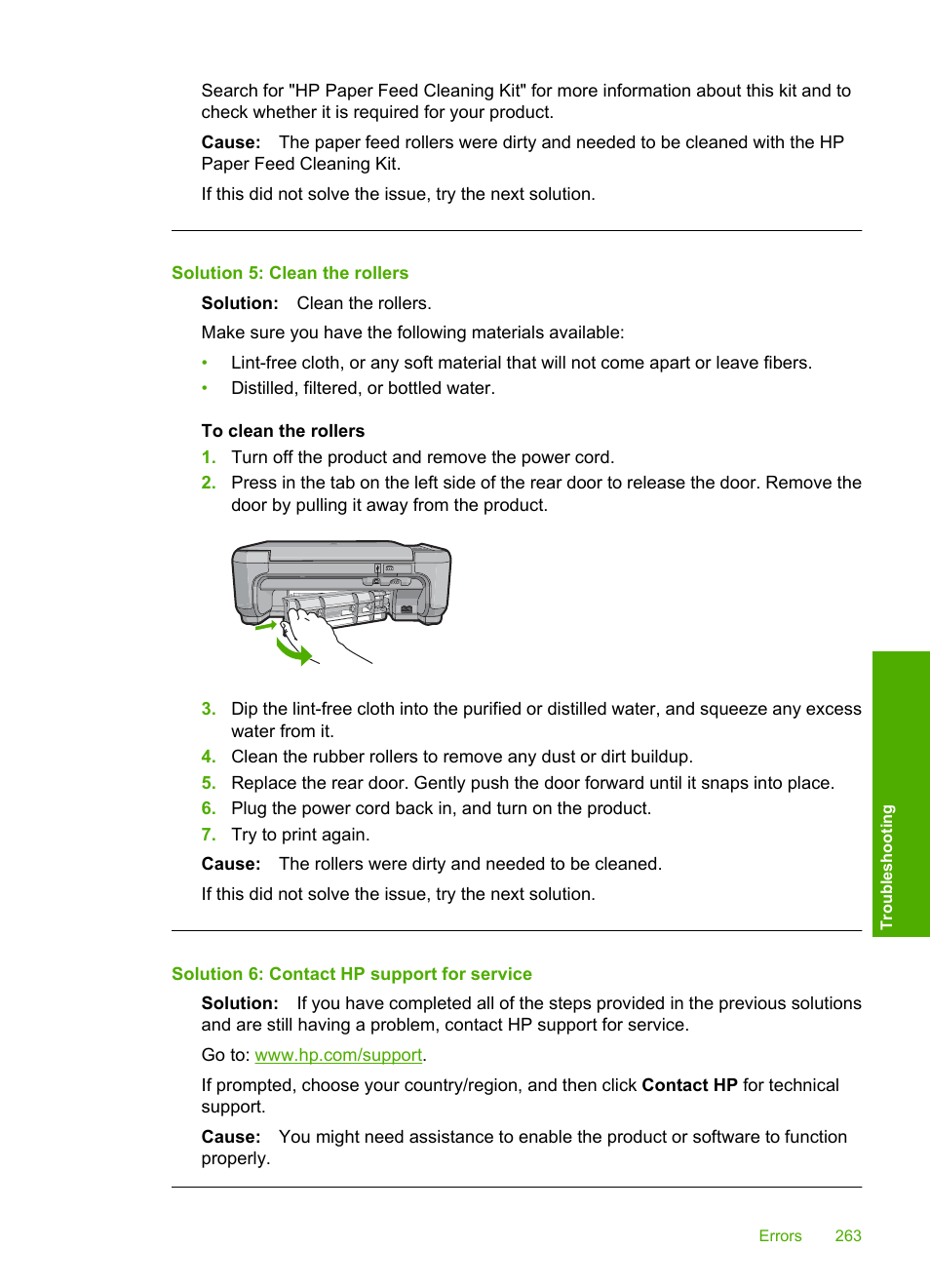 Solution 5: clean the rollers, Solution 6: contact hp support for service | HP Photosmart C4344 All-in-One Printer User Manual | Page 266 / 317