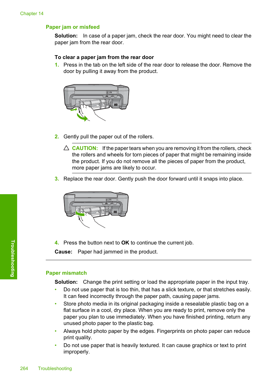 Paper jam or misfeed, Paper mismatch | HP Photosmart C4344 All-in-One Printer User Manual | Page 267 / 317