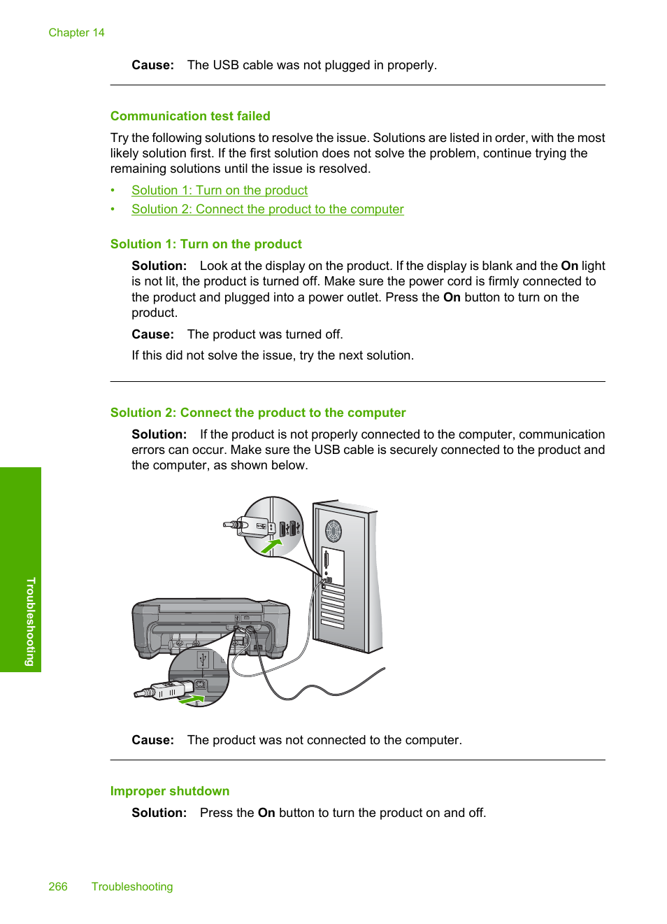 Communication test failed, Improper shutdown | HP Photosmart C4344 All-in-One Printer User Manual | Page 269 / 317