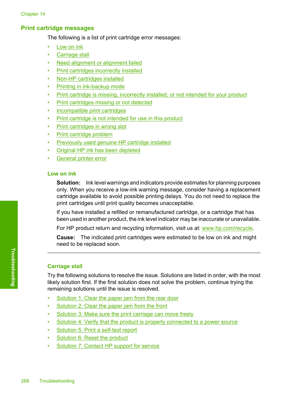 Print cartridge messages, Carriage stall, Print cartridge | HP Photosmart C4344 All-in-One Printer User Manual | Page 271 / 317