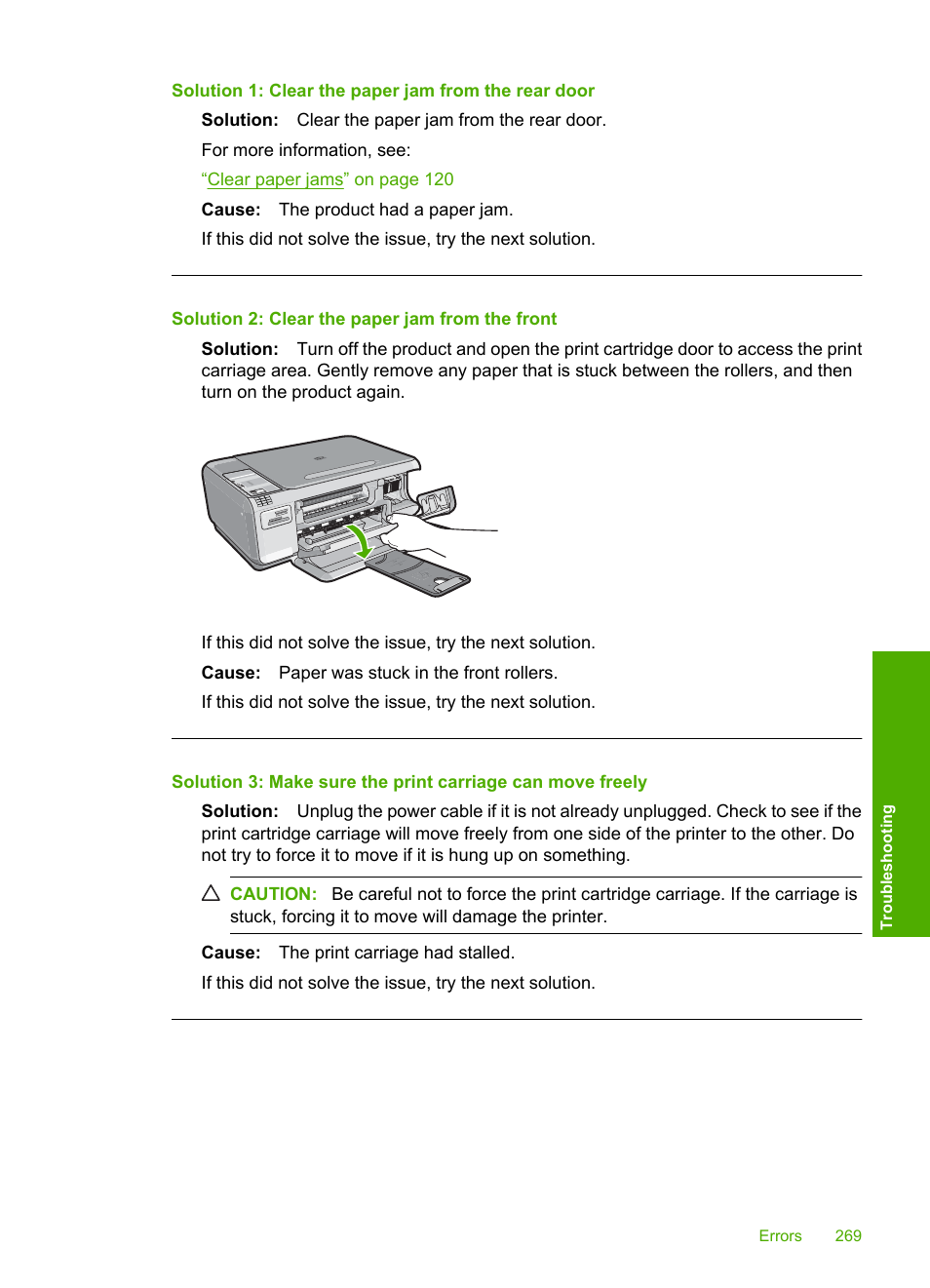 Solution 1: clear the paper jam from the rear door, Solution 2: clear the paper jam from the front | HP Photosmart C4344 All-in-One Printer User Manual | Page 272 / 317