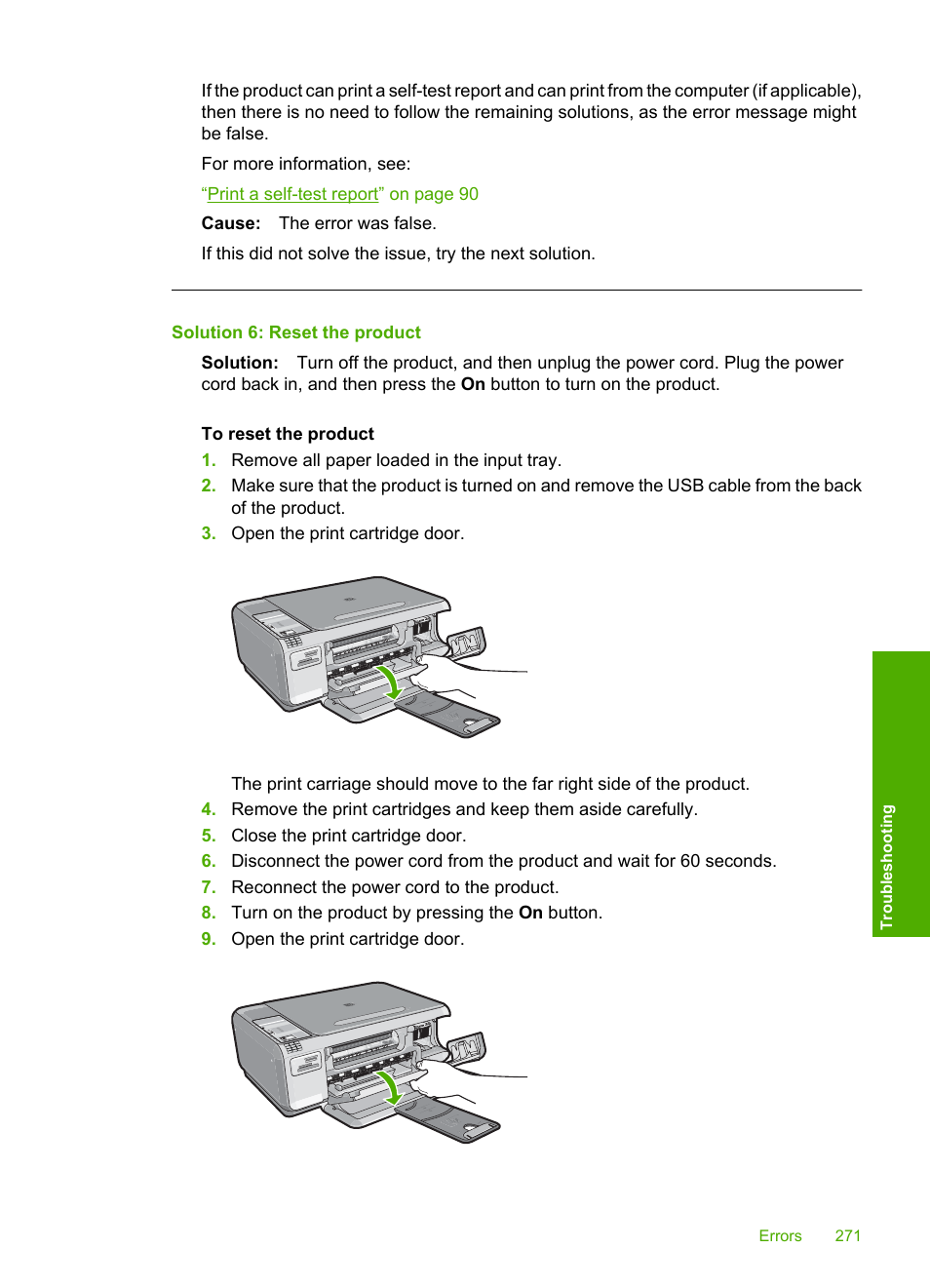 Solution 6: reset the product | HP Photosmart C4344 All-in-One Printer User Manual | Page 274 / 317