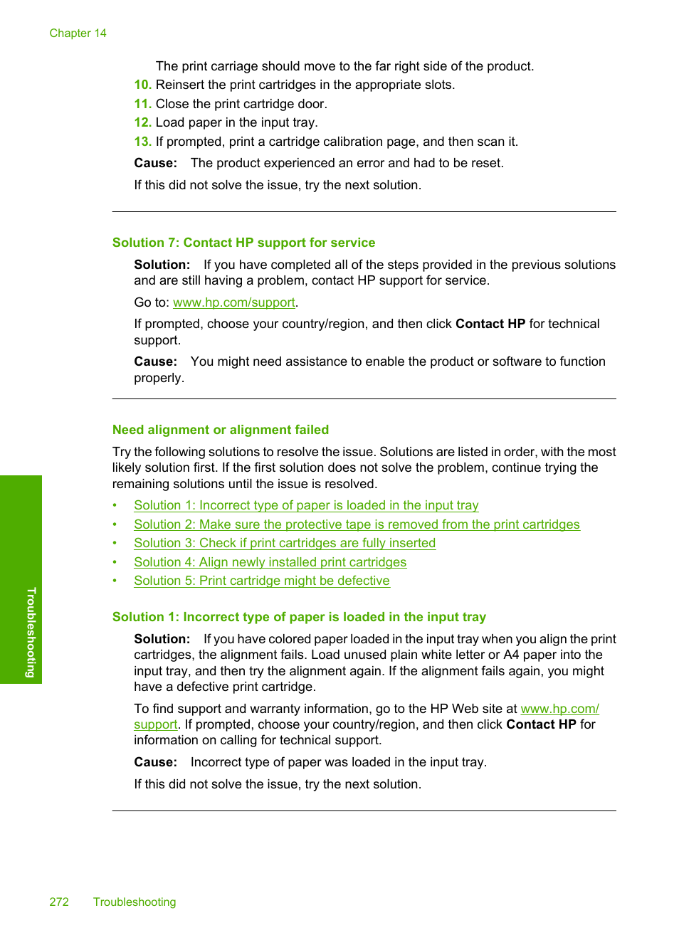 Need alignment or alignment failed, Solution 7: contact hp support for service | HP Photosmart C4344 All-in-One Printer User Manual | Page 275 / 317