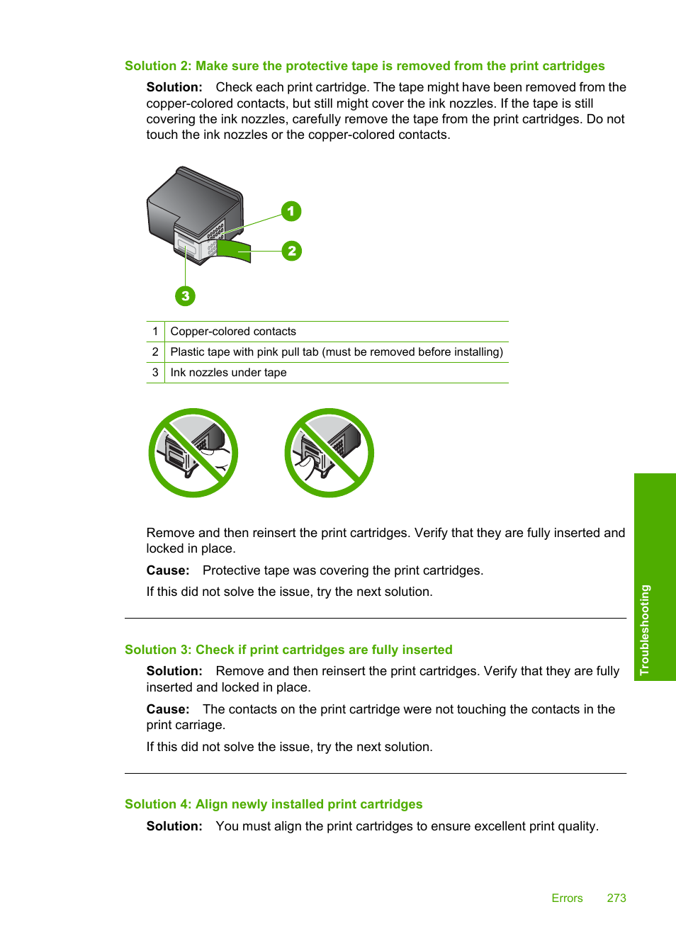 Solution 4: align newly installed print cartridges | HP Photosmart C4344 All-in-One Printer User Manual | Page 276 / 317