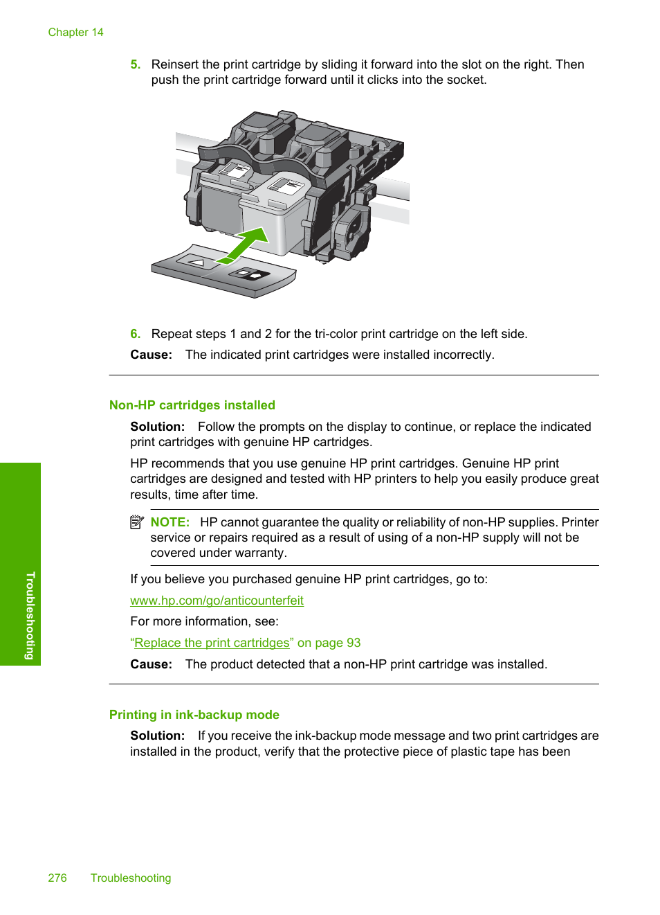 Non-hp cartridges installed, Printing in ink-backup mode | HP Photosmart C4344 All-in-One Printer User Manual | Page 279 / 317