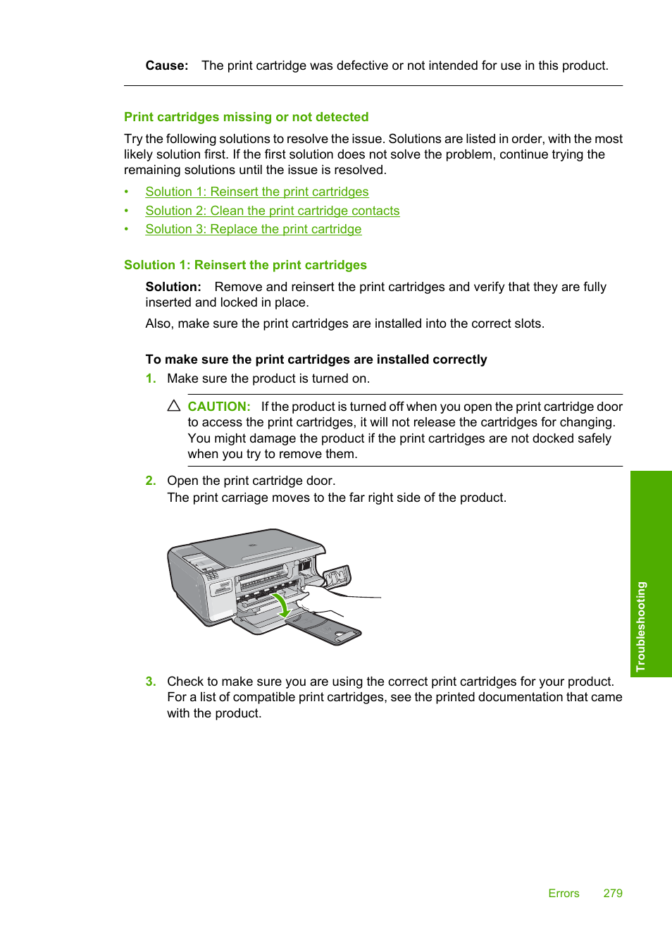 Print cartridges missing or not detected | HP Photosmart C4344 All-in-One Printer User Manual | Page 282 / 317