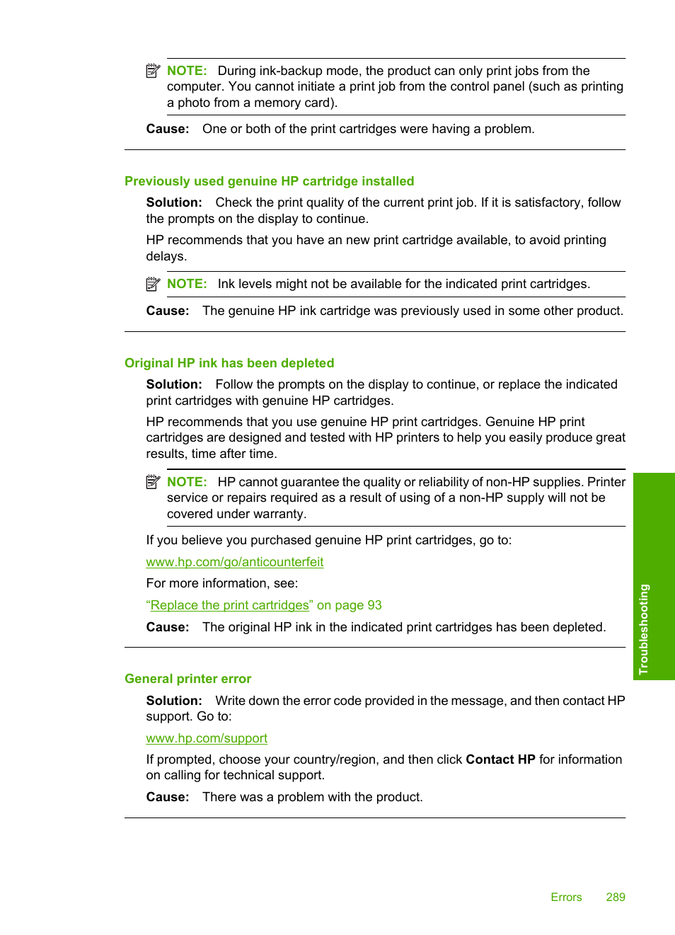 Previously used genuine hp cartridge installed, Original hp ink has been depleted, General printer error | HP Photosmart C4344 All-in-One Printer User Manual | Page 292 / 317