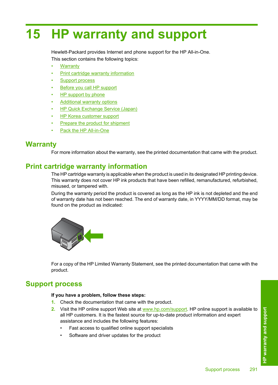Hp warranty and support, Warranty, Print cartridge warranty information | Support process, 15 hp warranty and support | HP Photosmart C4344 All-in-One Printer User Manual | Page 294 / 317