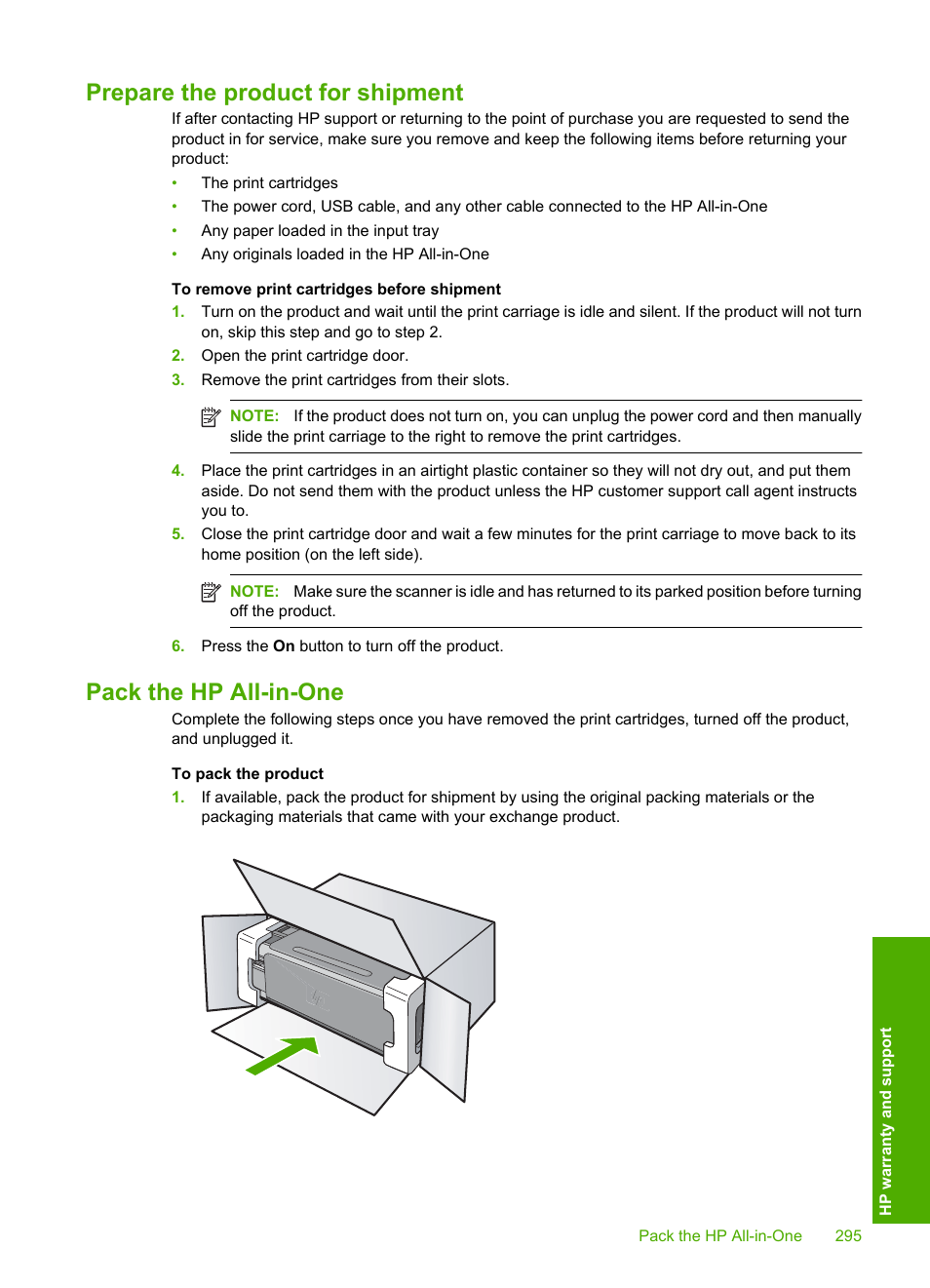 Prepare the product for shipment, Pack the hp all-in-one | HP Photosmart C4344 All-in-One Printer User Manual | Page 298 / 317