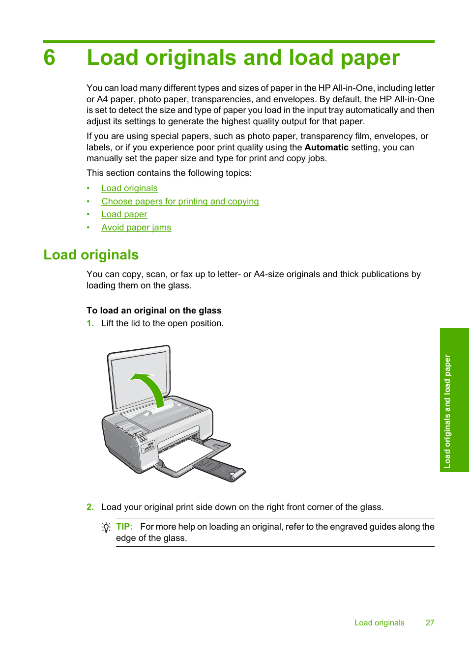 Load originals and load paper, Load originals, 6 load originals and load paper | 6load originals and load paper | HP Photosmart C4344 All-in-One Printer User Manual | Page 30 / 317