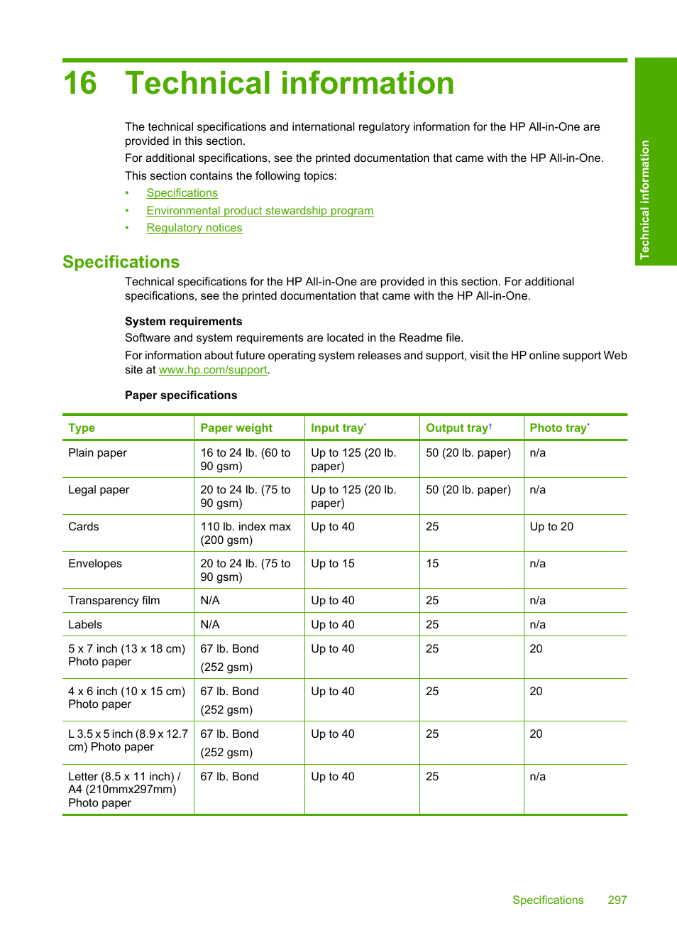 Technical information, Specifications, 16 technical information | HP Photosmart C4344 All-in-One Printer User Manual | Page 300 / 317