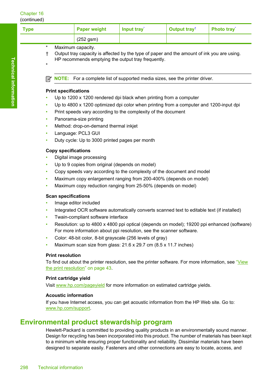 Environmental product stewardship program, T tray | HP Photosmart C4344 All-in-One Printer User Manual | Page 301 / 317