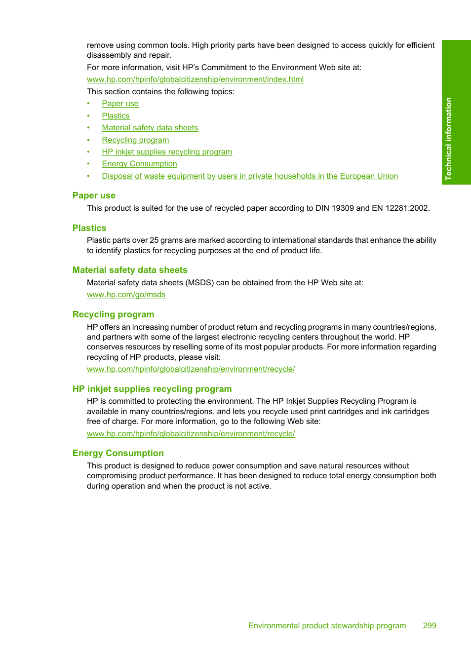 Paper use, Plastics, Material safety data sheets | Recycling program, Hp inkjet supplies recycling program, Energy consumption | HP Photosmart C4344 All-in-One Printer User Manual | Page 302 / 317